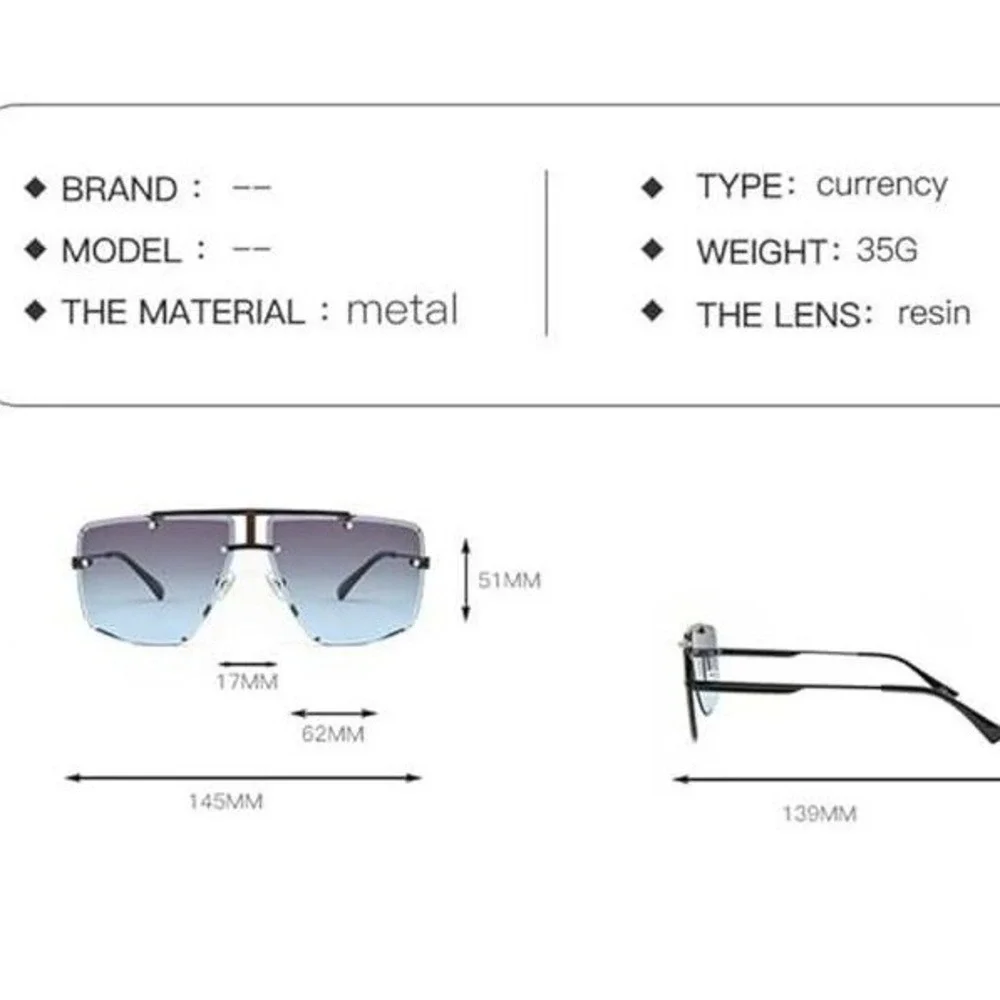 Rimless Sunglasses‎ Men Square Navy Blue Lens Gold Frame Fashion Shades Lentes